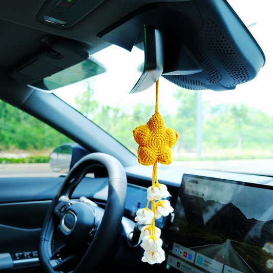 Crochet Star & Flower Car Mirror Hanging Accessories, Lily of the Valley Tassel Rear View Mirror Ornament, Car Interior Accessory for Women