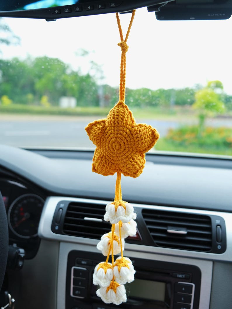 Crochet Star & Flower Car Mirror Hanging Accessories, Lily of the Valley Tassel Rear View Mirror Ornament, Car Interior Accessory for Women
