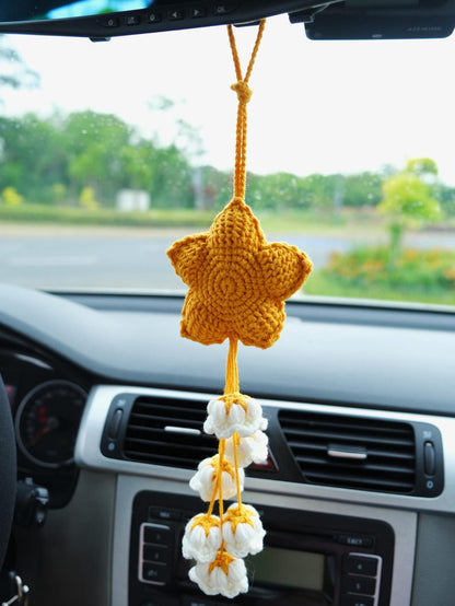 Crochet Star & Flower Car Mirror Hanging Accessories, Lily of the Valley Tassel Rear View Mirror Ornament, Car Interior Accessory for Women