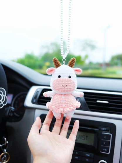 Crochet Cow Car Mirror Hanging Accessory, Cute Smiley Cow Car Rear View Mirror Accessory, Interior Car Accessory for Women/Teens/Couple