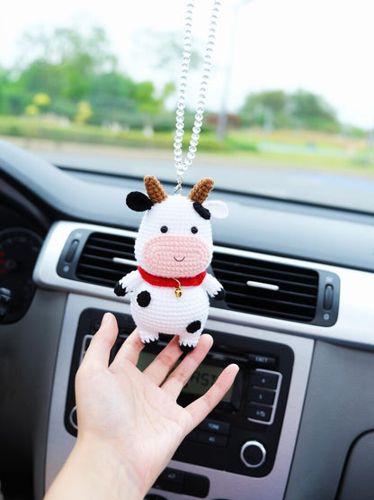 Crochet Cow Car Mirror Hanging Accessory, Cute Smiley Cow Car Rear View Mirror Accessory, Interior Car Accessory for Women/Teens/Couple