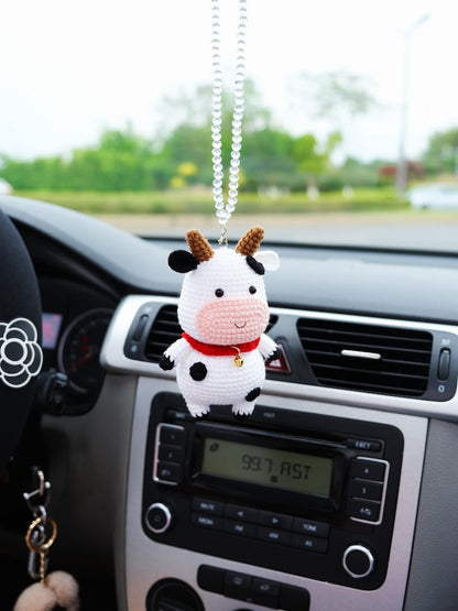 Crochet Cow Car Mirror Hanging Accessory, Cute Smiley Cow Car Rear View Mirror Accessory, Interior Car Accessory for Women/Teens/Couple