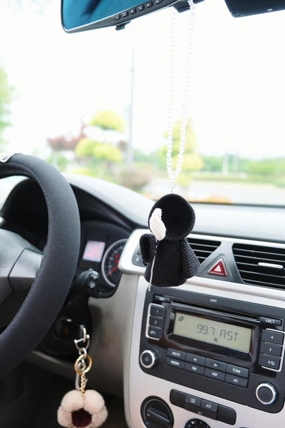 Crochet Grim Reaper Car Mirror Hanging, Amigurumi Scythe Ghost Plush Figurine, Spooky Halloween Rearmirror Ornament