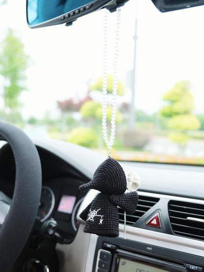 Crochet Grim Reaper Car Mirror Hanging, Amigurumi Scythe Ghost Plush Figurine, Spooky Halloween Rearmirror Ornament