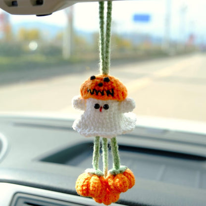 Crochet Ghost Car Mirror Hanging, Kawaii Strawberry & Mushroom Car Rearview Charm, Spooky Cute Halloween Car Accessories
