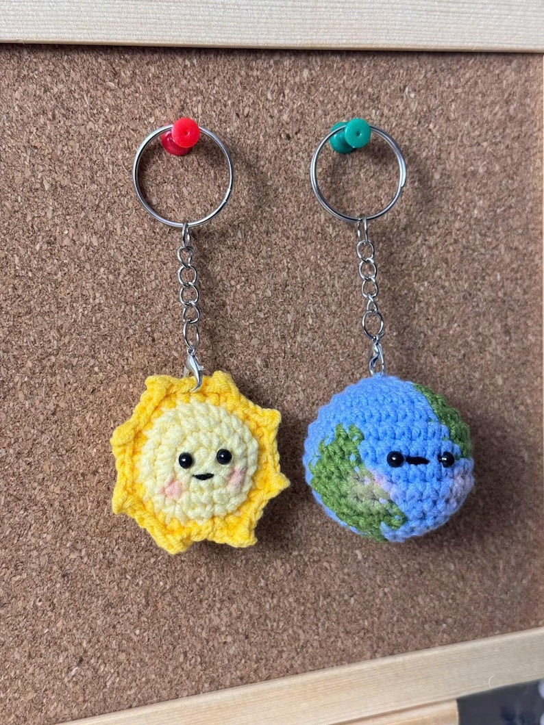 Crochet Sun and Earth Keychain Set: Amigurumi Planet Plush Bag Charm