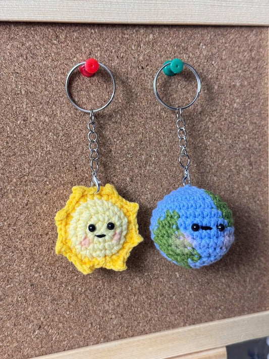 Crochet Sun and Earth Keychain Set: Amigurumi Planet Plush Bag Charm