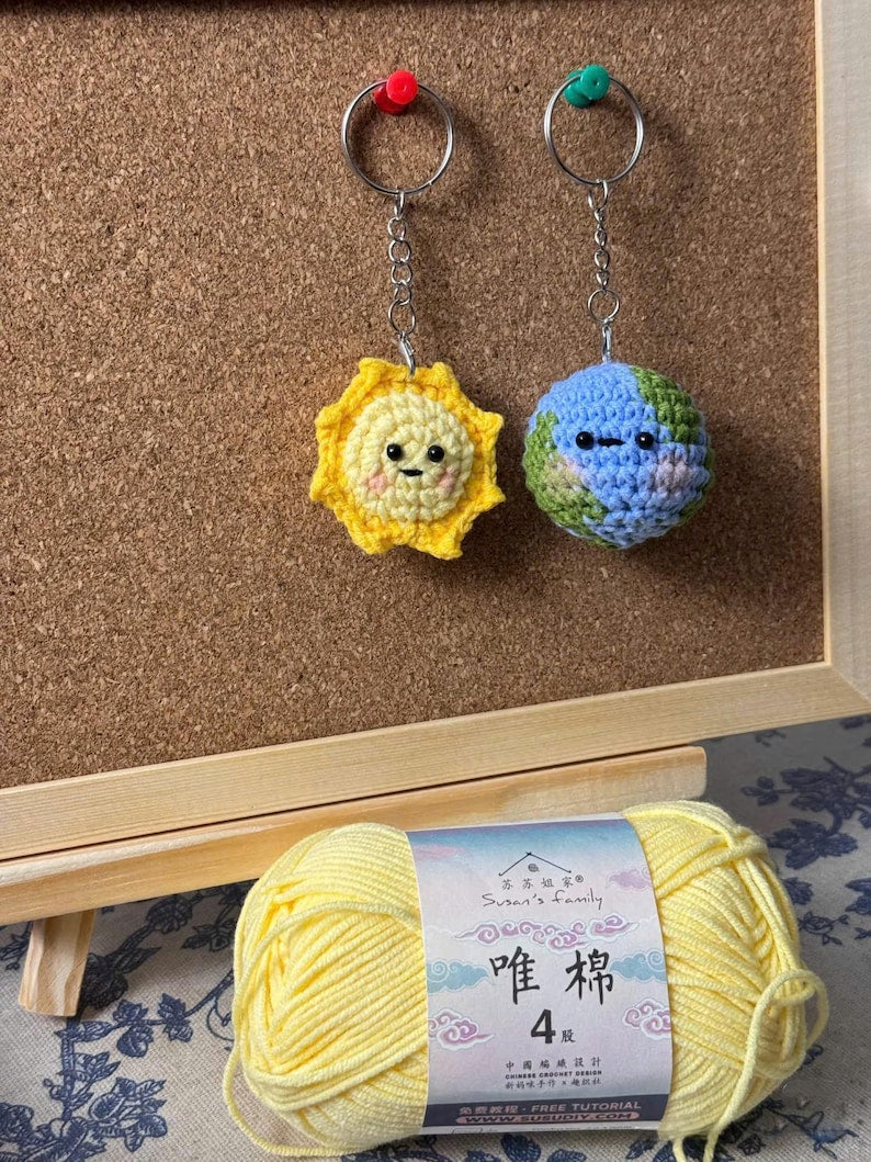 Crochet Sun and Earth Keychain Set: Amigurumi Planet Plush Bag Charm