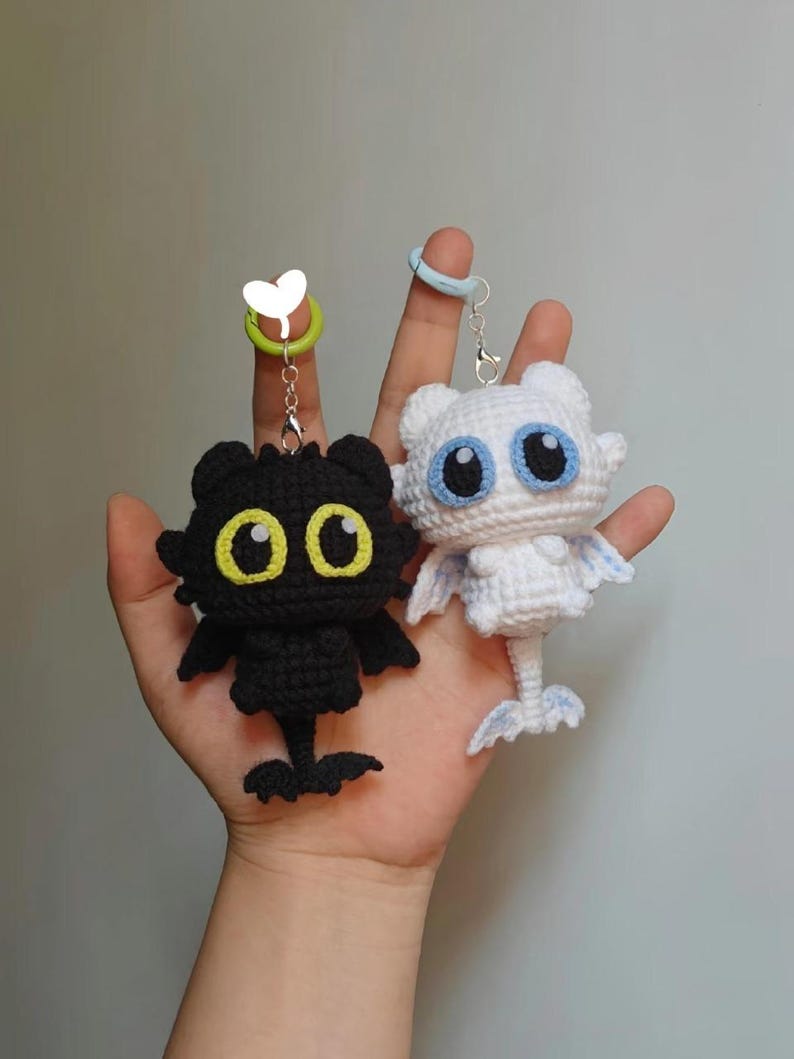 Crochet Dragon Plushie: Black Dragon and White Dragon Amigurumi Keychain, Animal Plush, Couple keychain, Valentine Gift