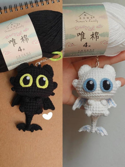Crochet Dragon Plushie: Black Dragon and White Dragon Amigurumi Keychain, Animal Plush, Couple keychain, Valentine Gift