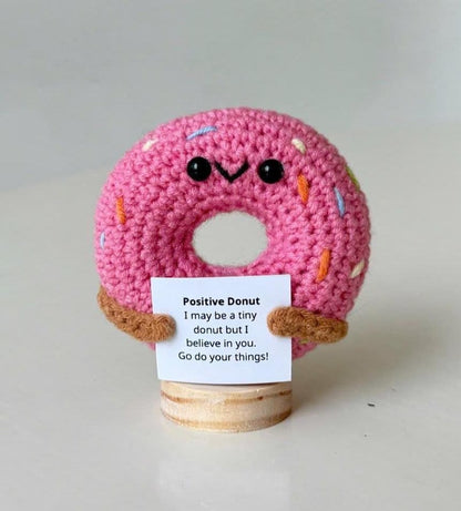 Funny Positive Donut, Knitted Donut With Positive Card, Cute Wool Inspirational Donut Crochet Food Doll Cheer Up Gifts, Birthday Gift