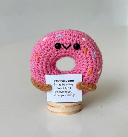 Funny Positive Donut, Knitted Donut With Positive Card, Cute Wool Inspirational Donut Crochet Food Doll Cheer Up Gifts, Birthday Gift