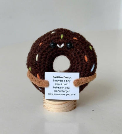 Funny Positive Donut, Knitted Donut With Positive Card, Cute Wool Inspirational Donut Crochet Food Doll Cheer Up Gifts, Birthday Gift
