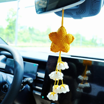 Crochet Star & Flower Car Mirror Hanging Accessories, Lily of the Valley Tassel Rear View Mirror Ornament, Car Interior Accessory for Women