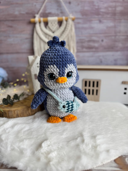 Crochet Penguin Plush, Handmade Amigurumi Penguin with Fish Bag, Arctic Animal Gift, Penguin Lover Gift, Winter Decor