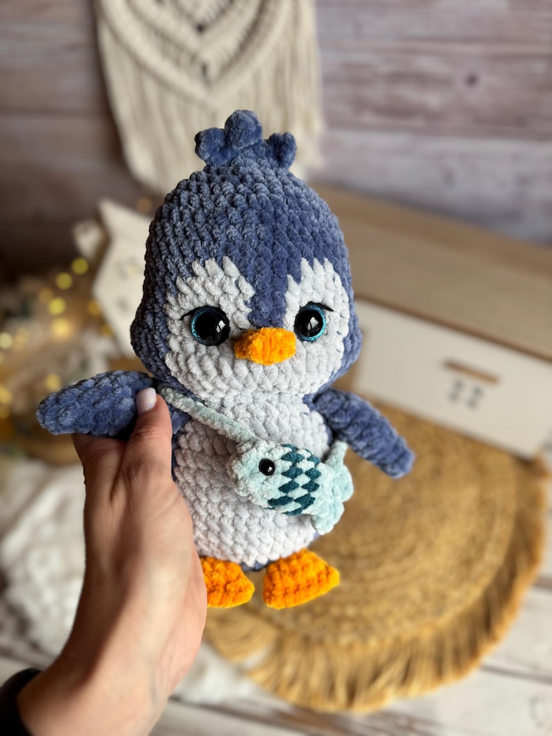 Crochet Penguin Plush, Handmade Amigurumi Penguin with Fish Bag, Arctic Animal Gift, Penguin Lover Gift, Winter Decor