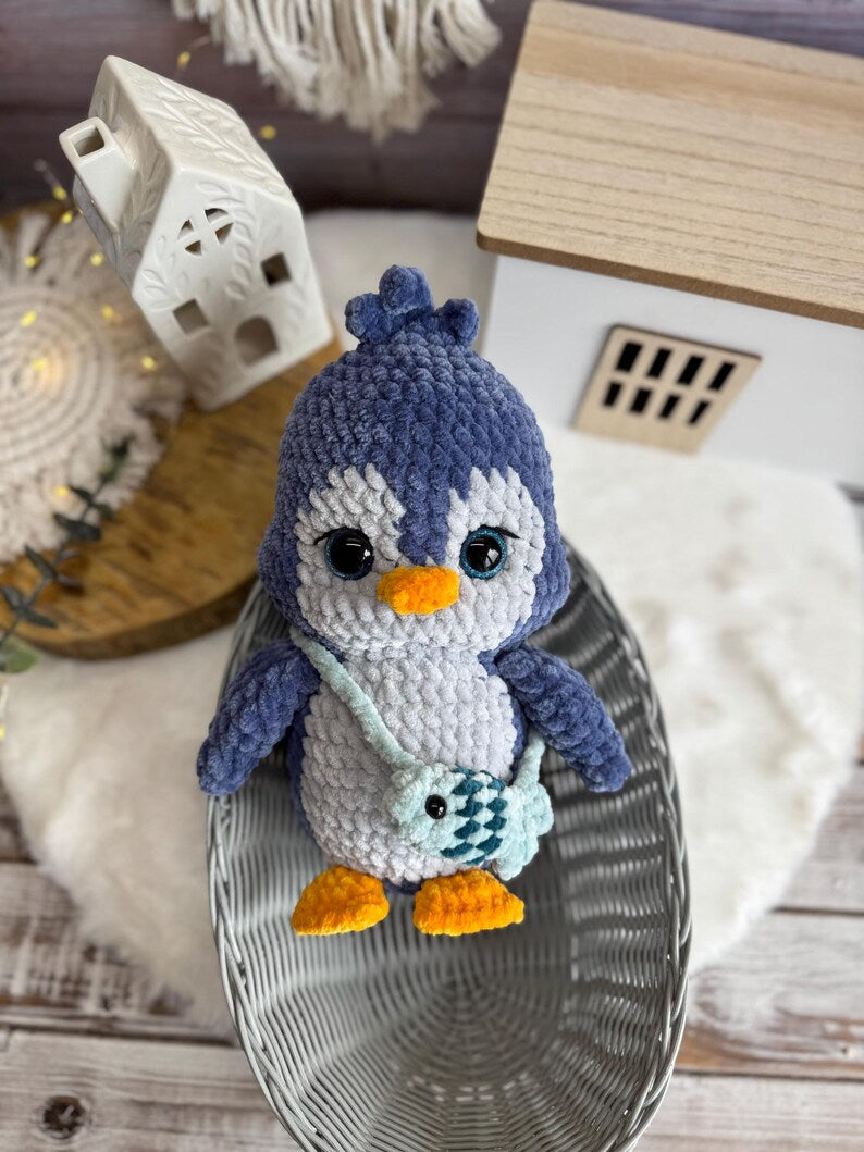 Crochet Penguin Plush, Handmade Amigurumi Penguin with Fish Bag, Arctic Animal Gift, Penguin Lover Gift, Winter Decor