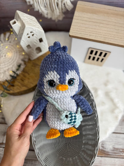 Crochet Penguin Plush, Handmade Amigurumi Penguin with Fish Bag, Arctic Animal Gift, Penguin Lover Gift, Winter Decor