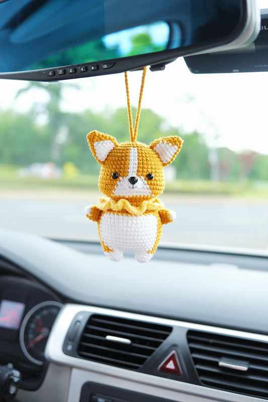 Crochet Corgi Car Mirror Hanging Accessory, Kawaii Dog Rear View Mirror Charm, Cute Car Interior Accessories for Women/Teens/Men