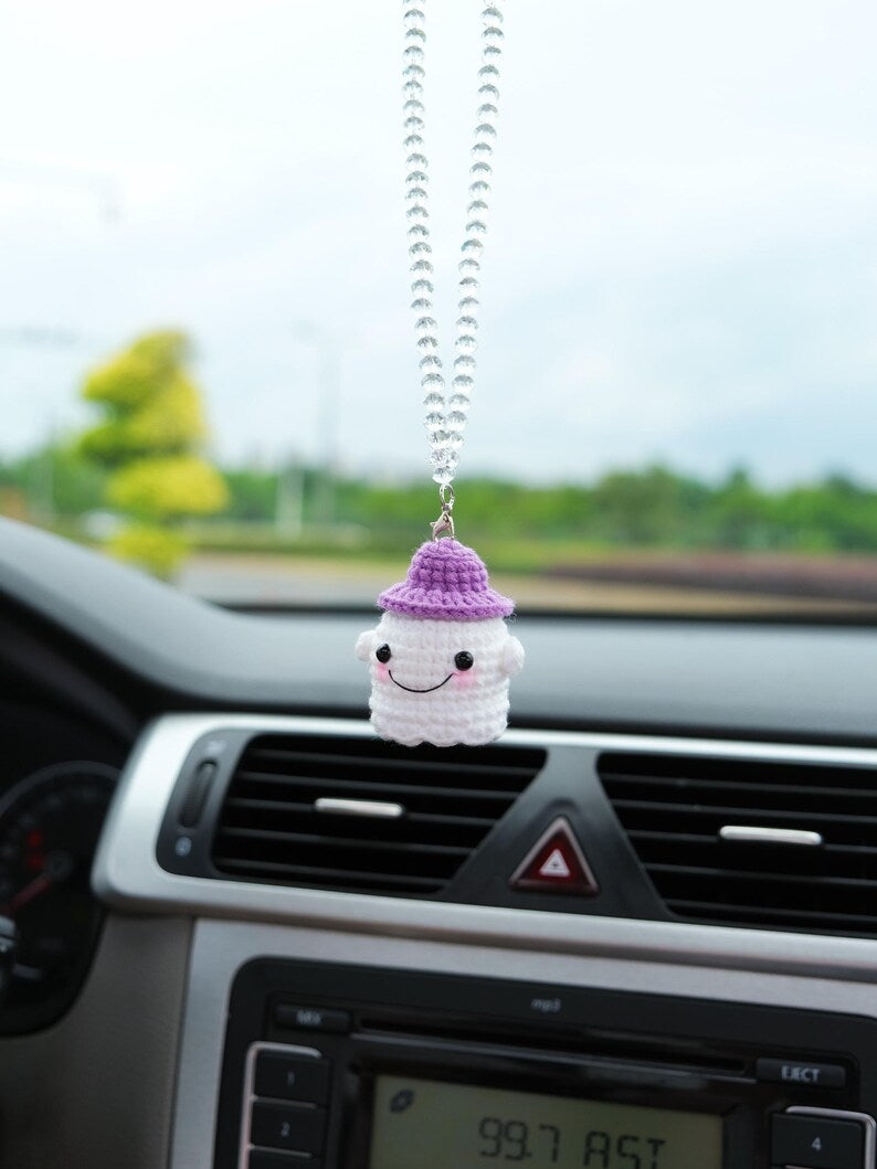 Crochet Goth Car Mirror Charm: Witch Hat Ghost - Spooky Car Decor