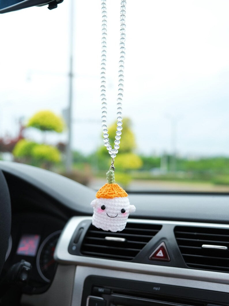 Crochet Goth Car Mirror Charm: Witch Hat Ghost - Spooky Car Decor