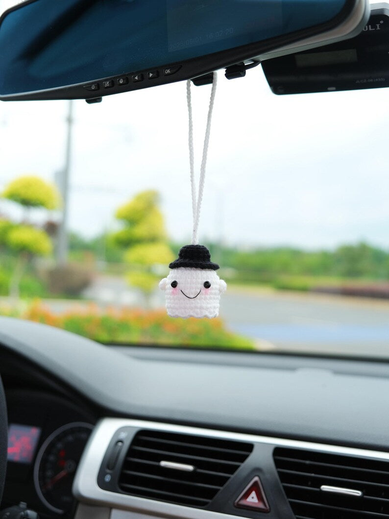 Crochet Goth Car Mirror Charm: Witch Hat Ghost - Spooky Car Decor