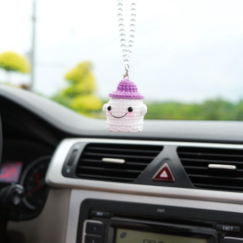 Crochet Goth Car Mirror Charm: Witch Hat Ghost - Spooky Car Decor
