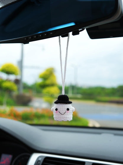 Crochet Goth Car Mirror Charm: Witch Hat Ghost - Spooky Car Decor
