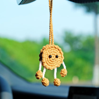 Crochet Cookie Doll Car Mirror Charm, Kawaii Smiley Cookie Rear View Mirror Hanging Accessories, Anime Car Interior Accessory for Women/Teen
