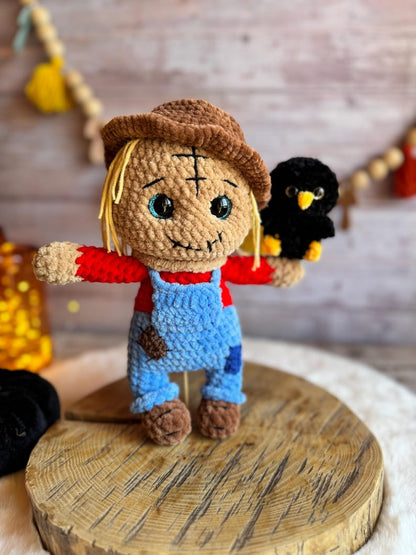 Crochet Scarecrow Figure with Crow, Autumn Farmhouse Decor, Harvest Collectible, Thanksgiving Decoration