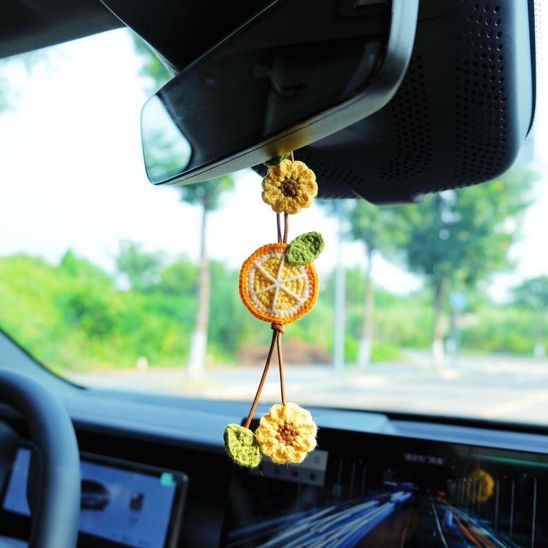 Crochet Lemon & Sunflower Car Mirror Hanging Accessories, Crochet Car Hanger, Cute Car Accessories for Women/Teens, Interior Car Decor