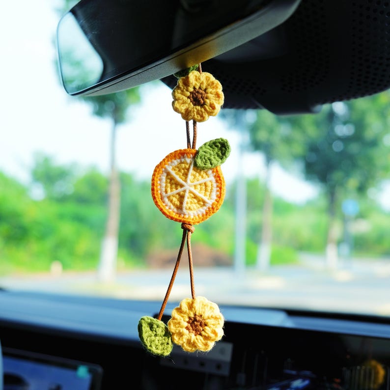 Crochet Lemon & Sunflower Car Mirror Hanging Accessories, Crochet Car Hanger, Cute Car Accessories for Women/Teens, Interior Car Decor