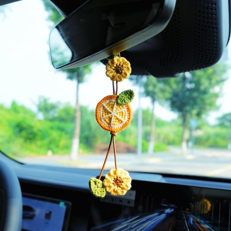 Crochet Lemon & Sunflower Car Mirror Hanging Accessories, Crochet Car Hanger, Cute Car Accessories for Women/Teens, Interior Car Decor