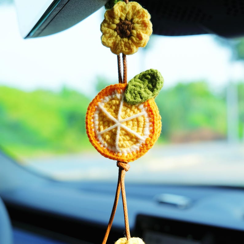 Crochet Lemon & Sunflower Car Mirror Hanging Accessories, Crochet Car Hanger, Cute Car Accessories for Women/Teens, Interior Car Decor
