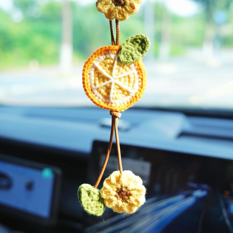 Crochet Lemon & Sunflower Car Mirror Hanging Accessories, Crochet Car Hanger, Cute Car Accessories for Women/Teens, Interior Car Decor