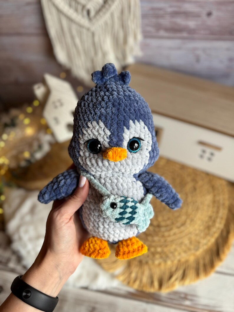 Crochet Penguin Plush, Handmade Amigurumi Penguin with Fish Bag, Arctic Animal Gift, Penguin Lover Gift, Winter Decor