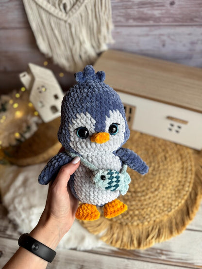 Crochet Penguin Plush, Handmade Amigurumi Penguin with Fish Bag, Arctic Animal Gift, Penguin Lover Gift, Winter Decor