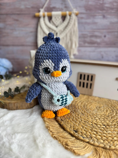 Crochet Penguin Plush, Handmade Amigurumi Penguin with Fish Bag, Arctic Animal Gift, Penguin Lover Gift, Winter Decor