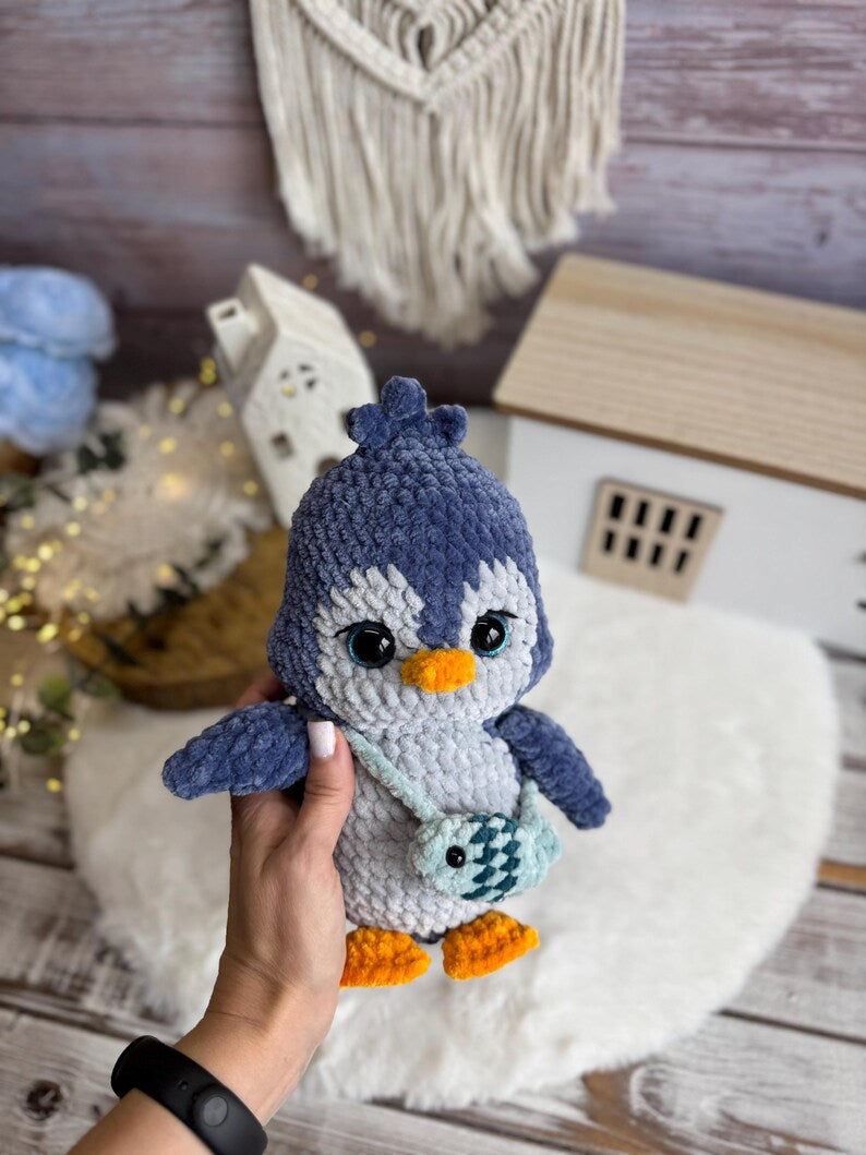 Crochet Penguin Plush, Handmade Amigurumi Penguin with Fish Bag, Arctic Animal Gift, Penguin Lover Gift, Winter Decor