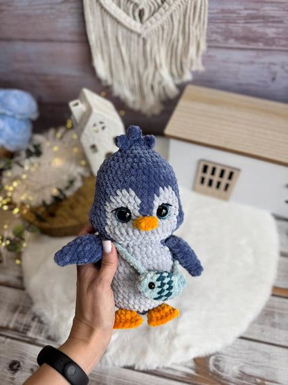 Crochet Penguin Plush, Handmade Amigurumi Penguin with Fish Bag, Arctic Animal Gift, Penguin Lover Gift, Winter Decor
