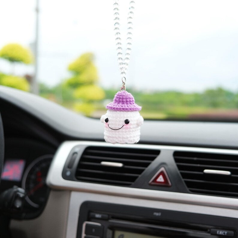 Crochet Goth Car Mirror Charm: Witch Hat Ghost - Spooky Car Decor