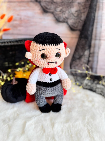 Handmade Dracula Decor, Crochet Vampire Ornament, Gothic Halloween Decoration, Horror Collectible, Shelf Display