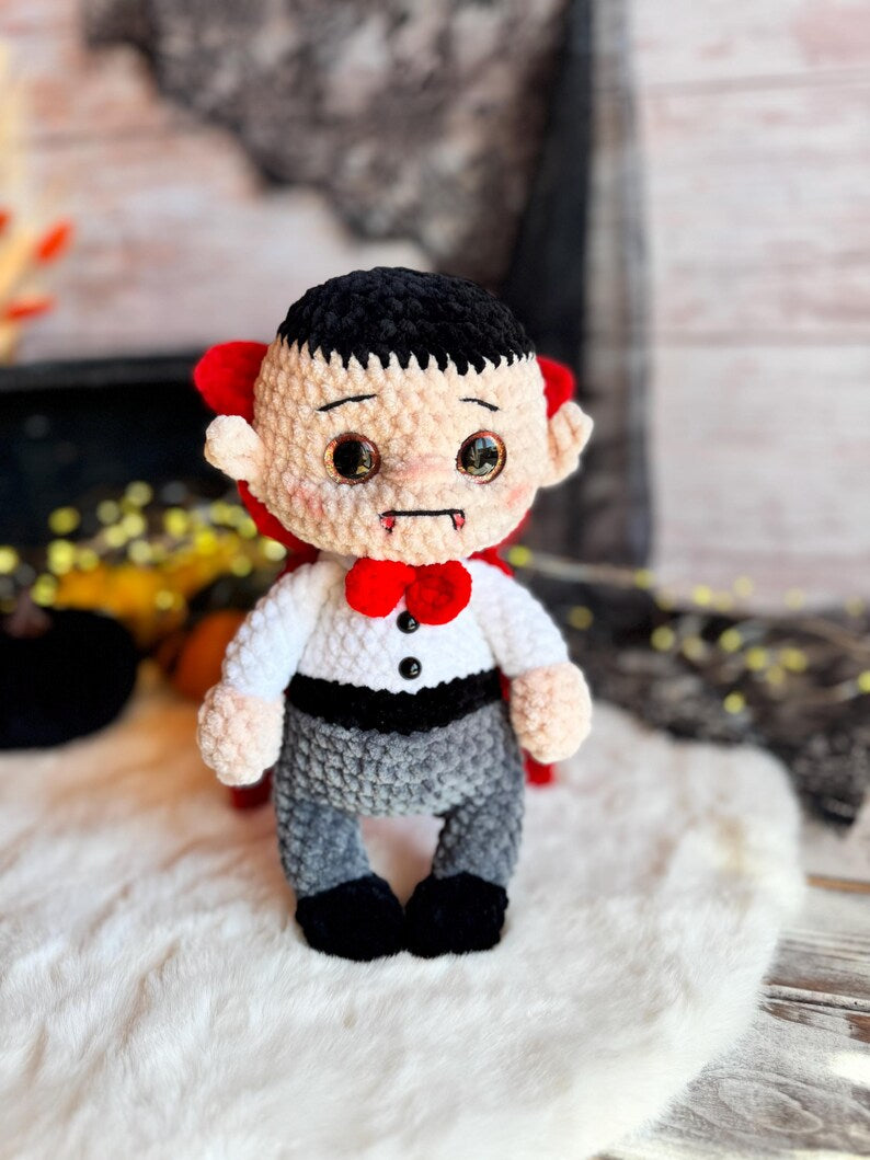 Handmade Dracula Decor, Crochet Vampire Ornament, Gothic Halloween Decoration, Horror Collectible, Shelf Display