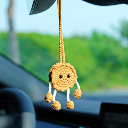 Crochet Cookie Doll Car Mirror Charm, Kawaii Smiley Cookie Rear View Mirror Hanging Accessories, Anime Car Interior Accessory for Women/Teen