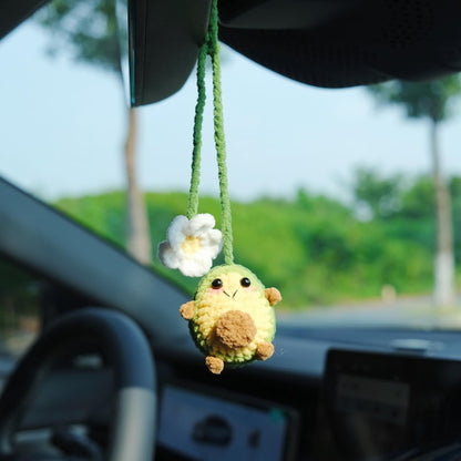 Crochet Avocado Rear View Mirror Charm with Daisy, Cute Car Hanging Ornament, Smiley Fruit Car Decor, Interior Car Accessory for Women/Teens