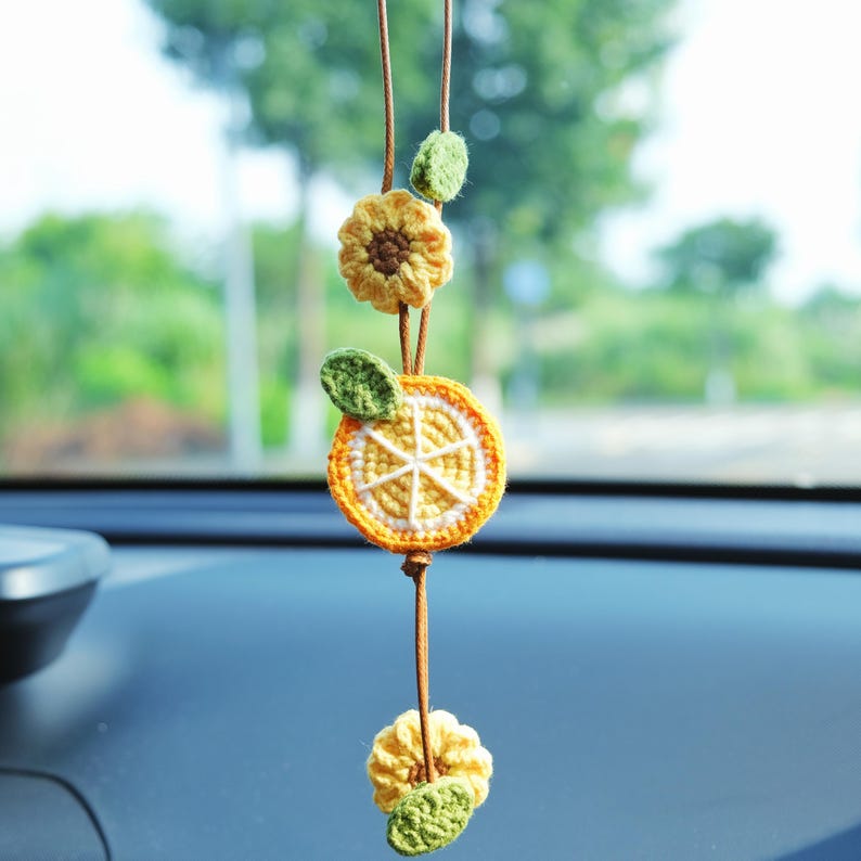 Crochet Lemon & Sunflower Car Mirror Hanging Accessories, Crochet Car Hanger, Cute Car Accessories for Women/Teens, Interior Car Decor
