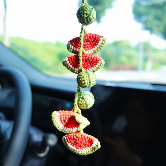 Watermelon Car Mirror Hanging Accessories, Crochet Car Hanger, Cute Car Rear View Mirror Accessories for Women/Teens, Interior Car Decor