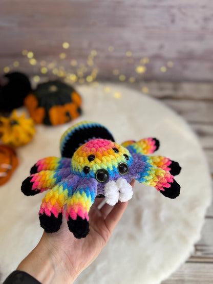 Rainbow Spider Decor, Handmade Crochet Spider Ornament, Halloween Decoration, Gothic Shelf Decor, Spider Lover Gift