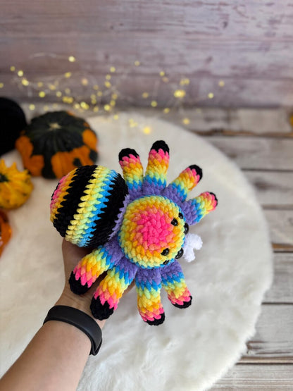 Rainbow Spider Decor, Handmade Crochet Spider Ornament, Halloween Decoration, Gothic Shelf Decor, Spider Lover Gift