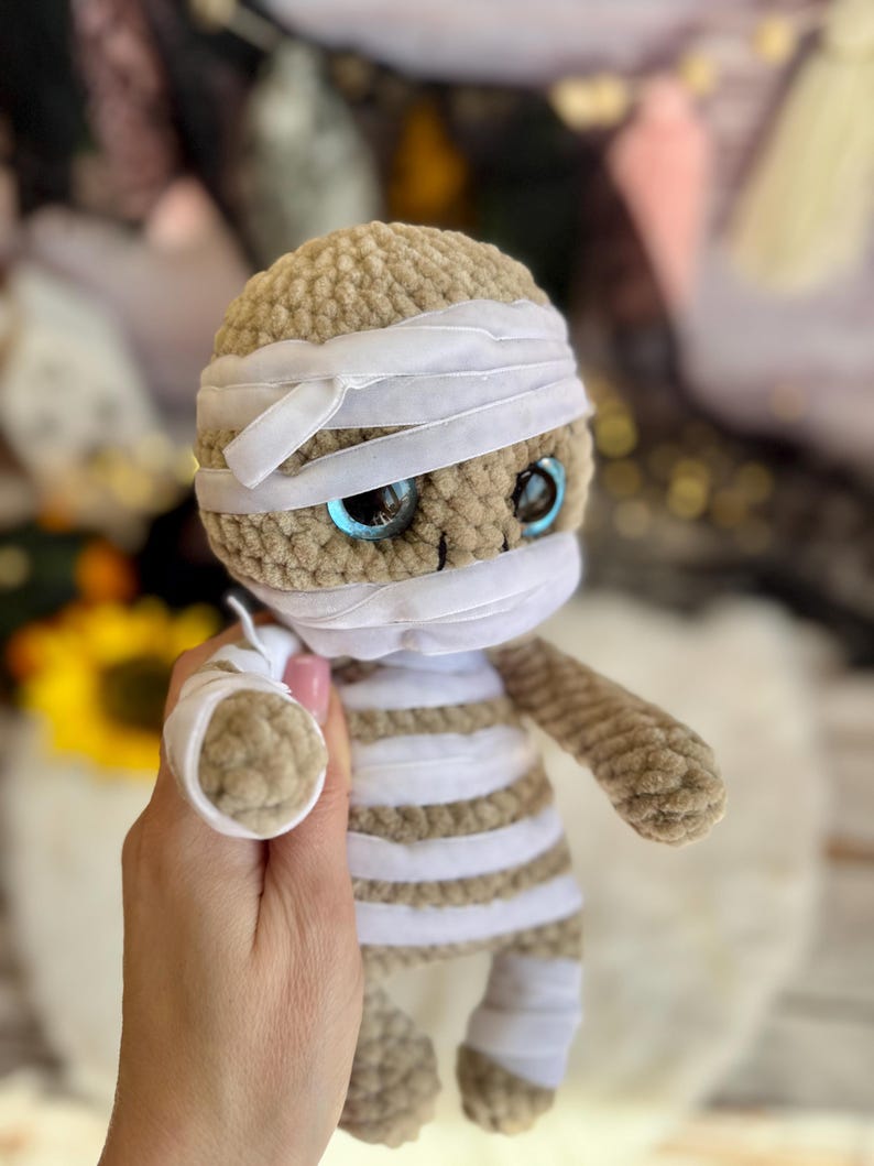 Crochet Mummy Plush, Halloween Decor, Amigurumi Mummy, Spooky Home Decor, Non Candy Trick or Treat Gift, Gothic Decor